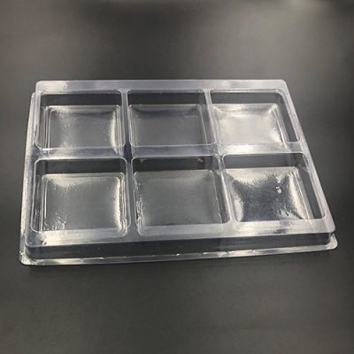 Plastic shipping tray with 6 cavities.