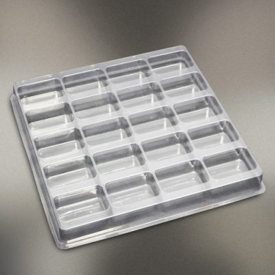 Plastic shipping tray with 2.5" cavities.